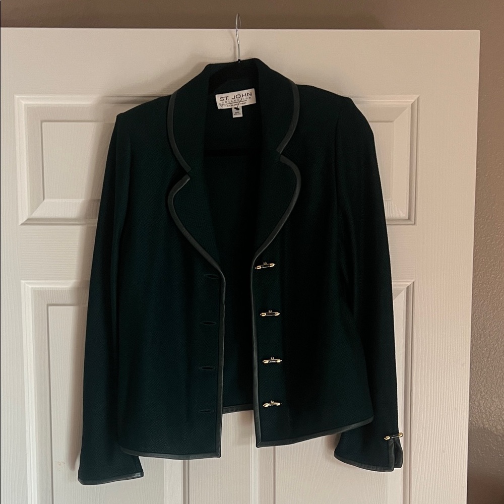St. John Women's Dark Green Blazer with Black Trim